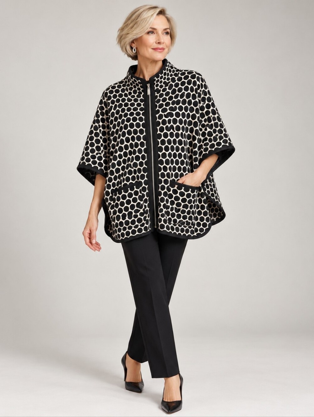 Joseph Ribkoff Polka Dot Cape Jacket Size 10 Black White Full Zip